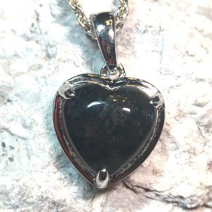 Burmese Black Jade Heart Pendant .925 Type A RARE Sterling Silver Untreated